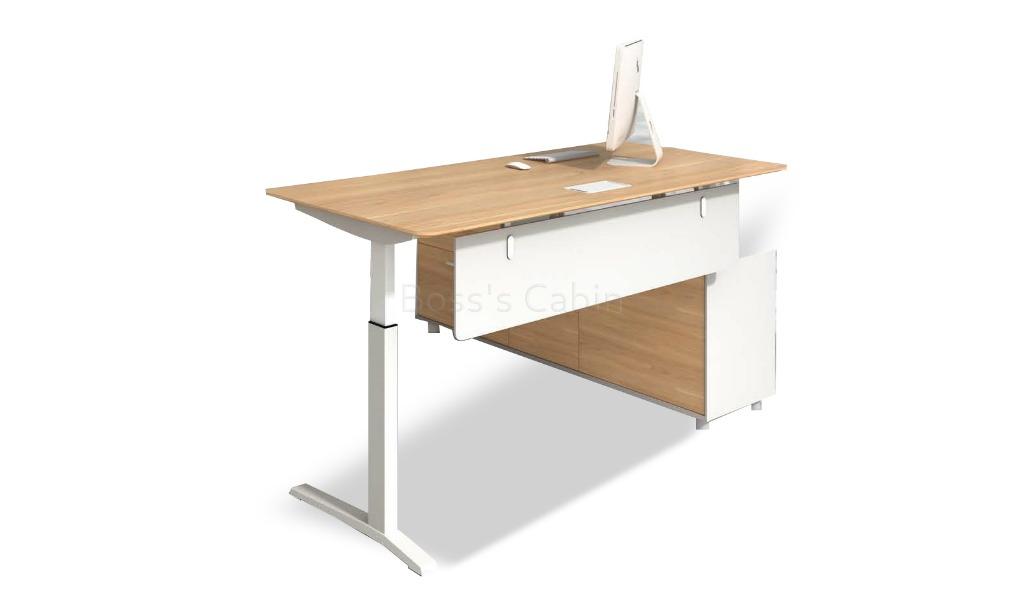 ‘iPlus’ L Shape Height Adjustable Desk In Virginia Walnut Laminate