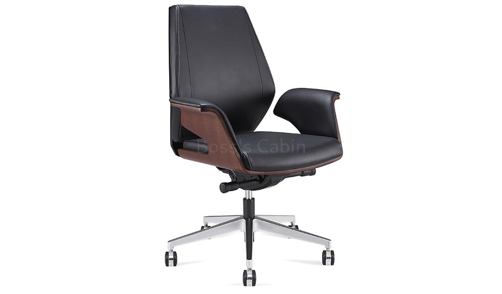 ‘Coupe’ Medium Back Office Chair In Black Leather & Walnut Armrests