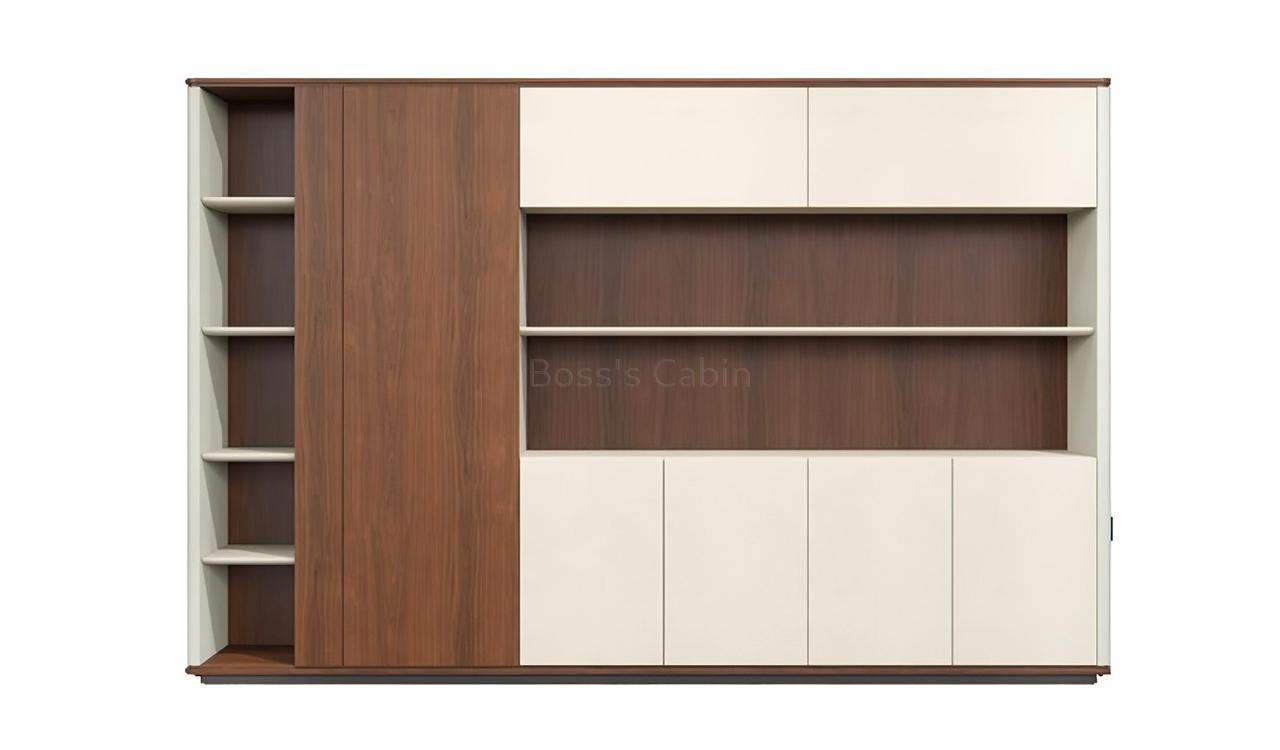‘Rodolfo’ 9.5 Feet Cabinet and Book Case In Walnut Veneer & Leather