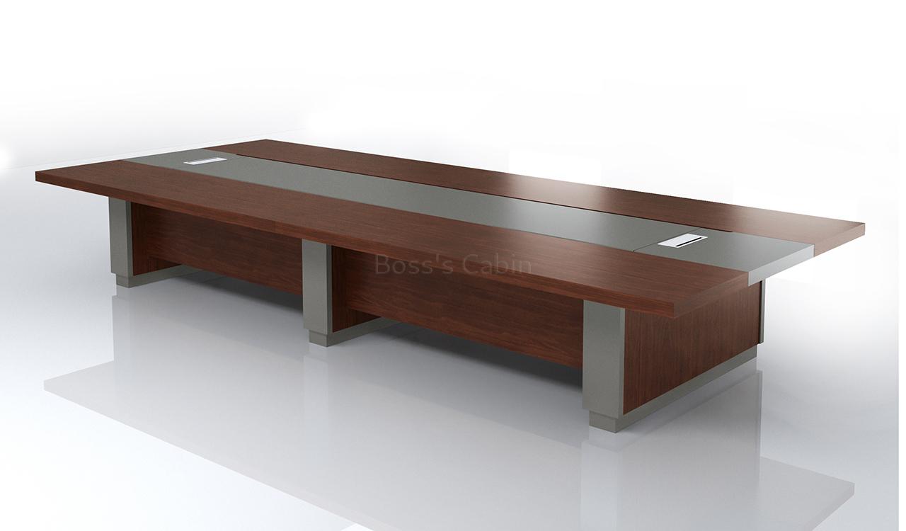‘Larry’ 16 Feet Meeting Table In Mountain Grain Walnut Veneer & Leather