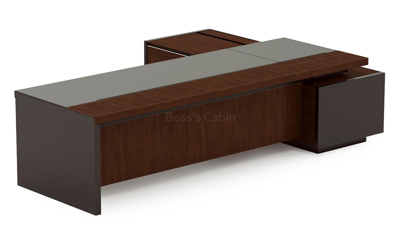 ‘Larry’ 9 Ft Office Desk In Mountain Grain Walnut Veneer & Leather