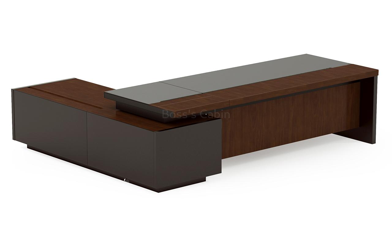 ‘Larry’ 10 Feet Office Desk In Mountain Grain Walnut & Leather