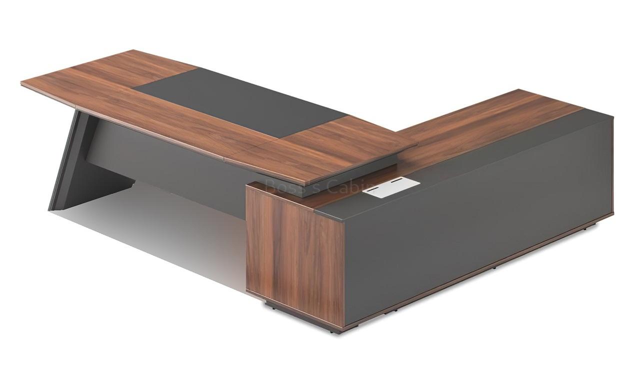 ‘Maxima’ 8.5 Feet Desk With Slanted Leg in FIelix Walnut & Leather