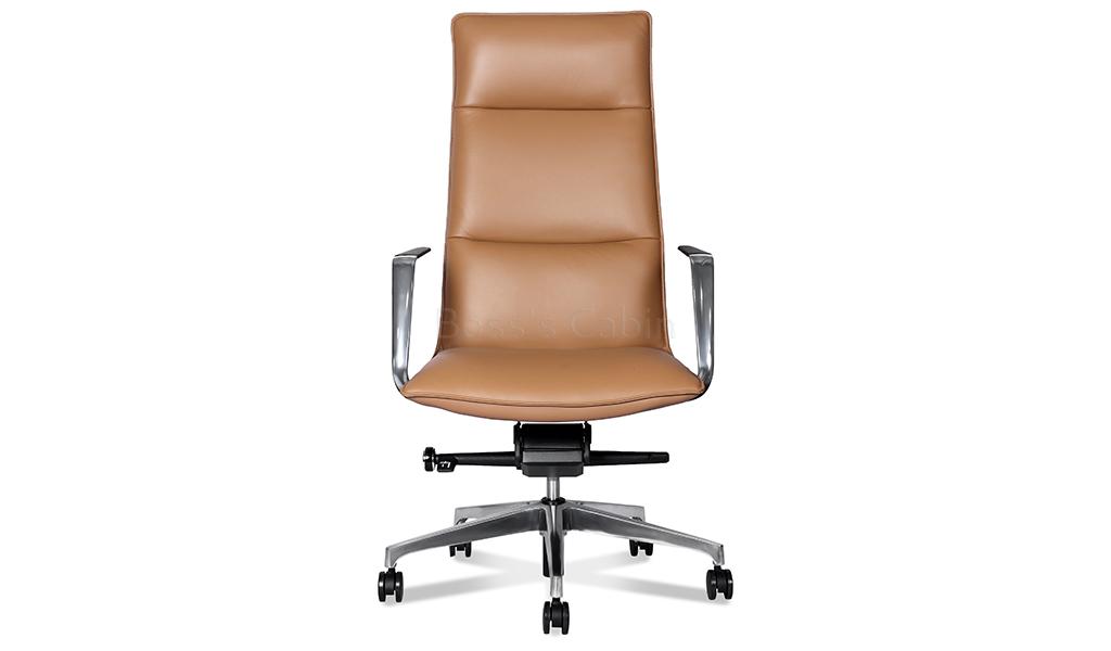 ‘Aulenti’ High Back Brown Leather Chair With Aluminum Arms