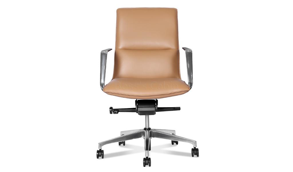 ‘Aulenti’ Mid Back Brown Leather Chair With Aluminum Arms