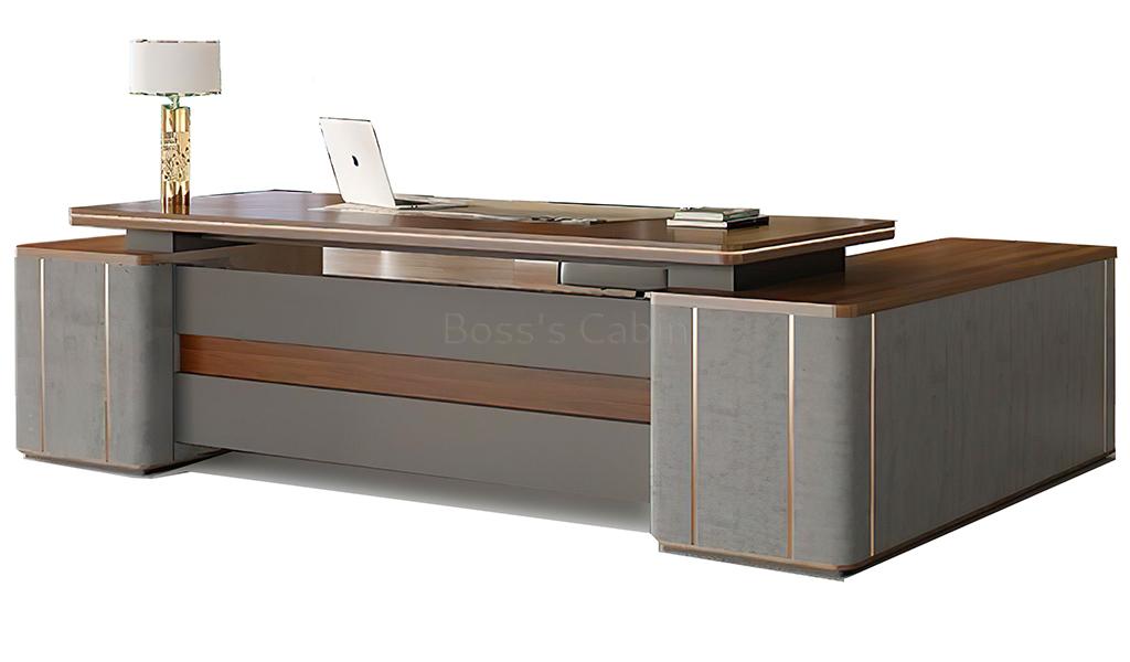 ‘Inspira Gold’ 8 Feet Office Table With Side Cabinet In Norica Walnut