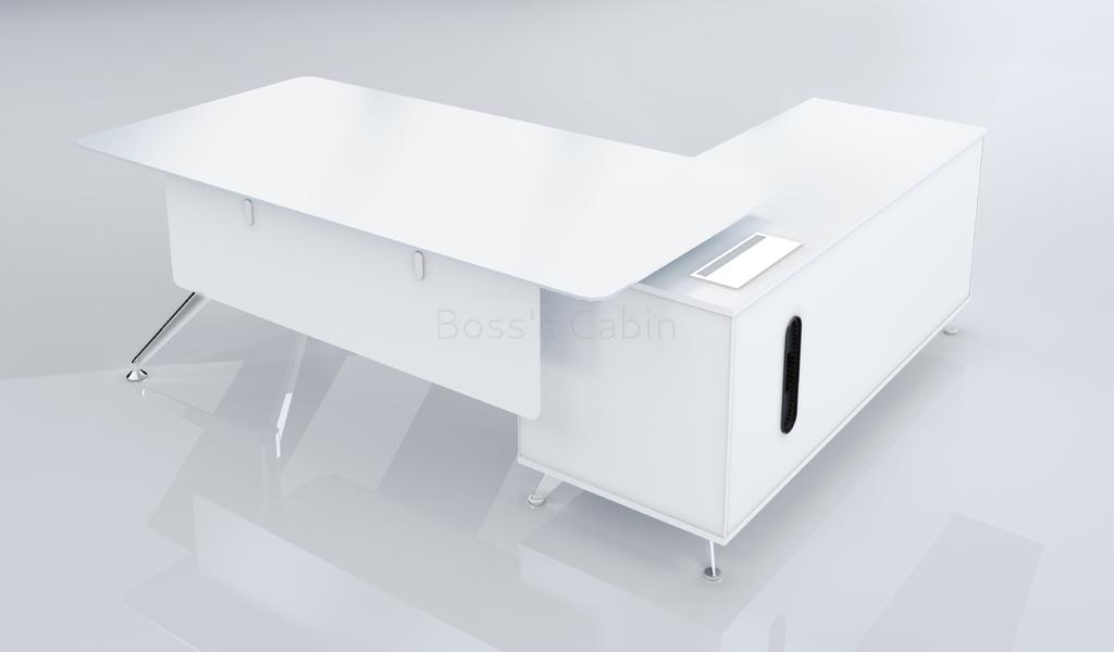 ‘Sharp’ 6.5 Feet White Office Table With Side Cabinet