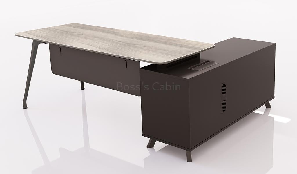 ‘Varna’ 6.5 Feet Office Desk With Side Cabinet In Gray Oak Finish