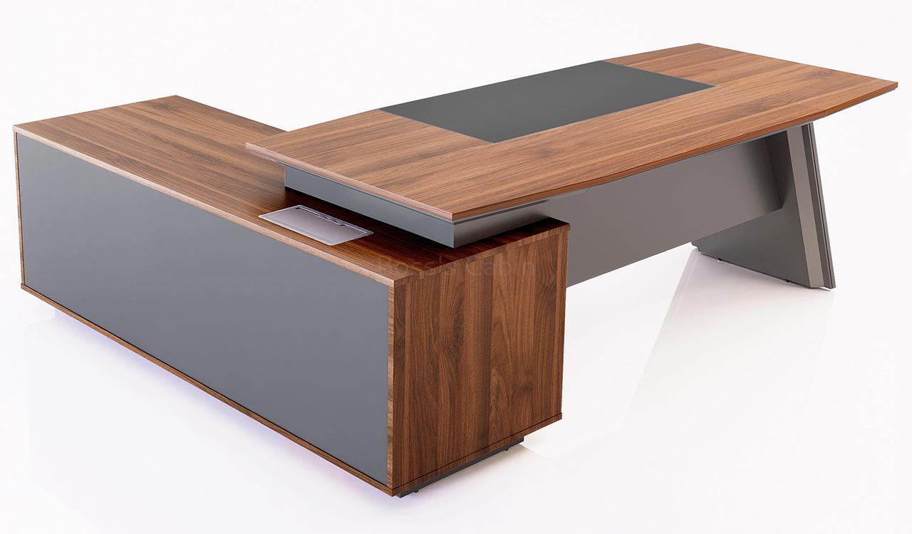 ‘Maxima’ 7 Feet Desk With Slanted Leg In Felix Walnut & Leather